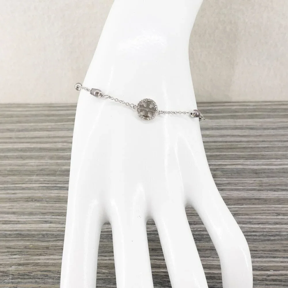 Tory Burch Miller Pave Logo Cultured Pearls Bracelet Silver OS
